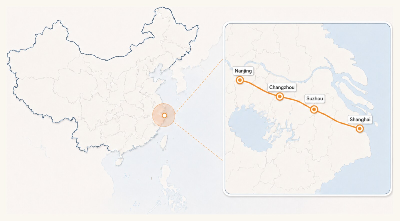 Mapa do roteiro no Delta do Yangtze, destacando Nanjing, Changzhou, Suzhou e Shanghai e a localização da região dentro da China.
